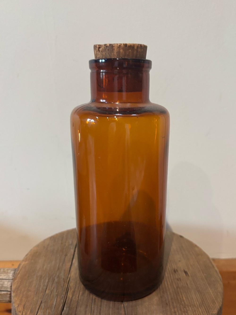 Antique Amber Glass Apothecary Bottle with Cork Stopper